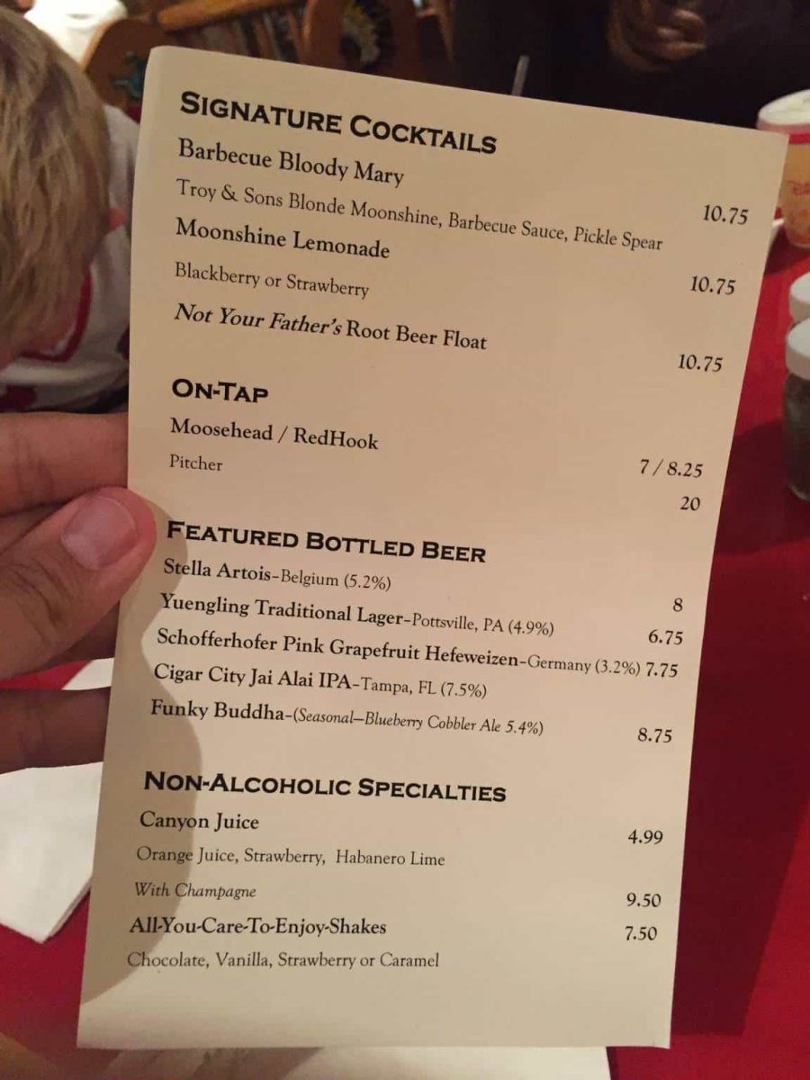 Whispering Canyon drink menu