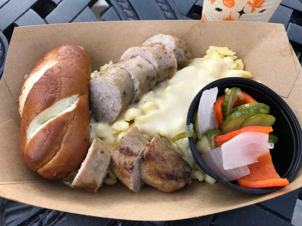 B.B. Wolf's Sausage Co. Oktoberfest Special - Bratwurst with Cheese Spatzel, Pretzel Roll, and Pickles ($9.39)