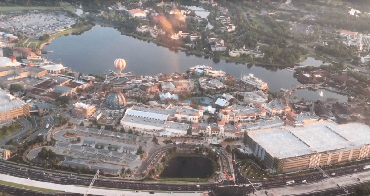 Aerial view of Disney Springs, including the two existing parking structures
